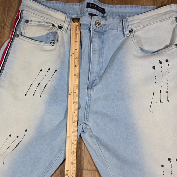 M Society Jeans 40x32 Blue Skinny Fit Distressed Paint Splatter Red Side Stripe - Picture 7 of 10
